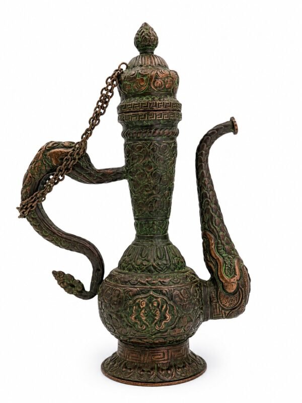 VINTAGE TIBETAN BRASS DRAGON EWER ANTIQUE HANDCRAFTED ASIAN PITCHER WITH CHAINED LID(12 INCH)