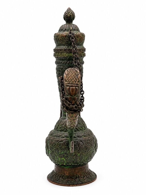 VINTAGE TIBETAN BRASS DRAGON EWER ANTIQUE HANDCRAFTED ASIAN PITCHER WITH CHAINED LID(12 INCH)