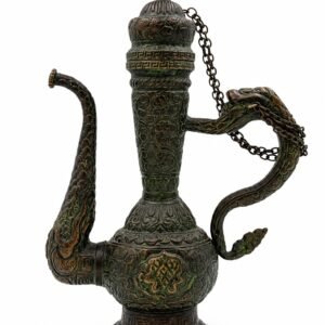 VINTAGE TIBETAN BRASS DRAGON EWER ANTIQUE HANDCRAFTED ASIAN PITCHER WITH CHAINED LID(12 INCH)