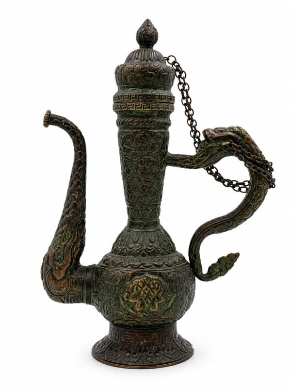 VINTAGE TIBETAN BRASS DRAGON EWER ANTIQUE HANDCRAFTED ASIAN PITCHER WITH CHAINED LID(12 INCH)