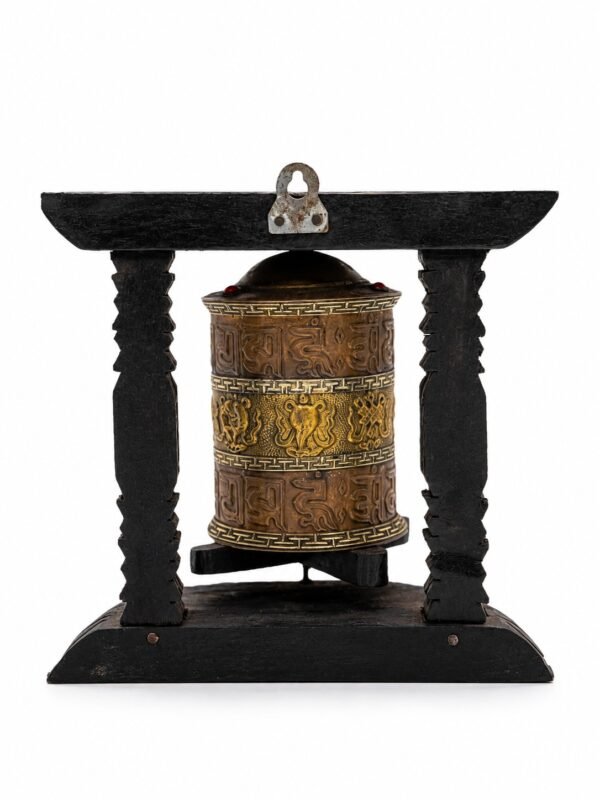Handcrafted Tabletop & Wall-Mount Tibetan Prayer Wheel in Carved Wooden Frame (Ashtamangala Motifs)