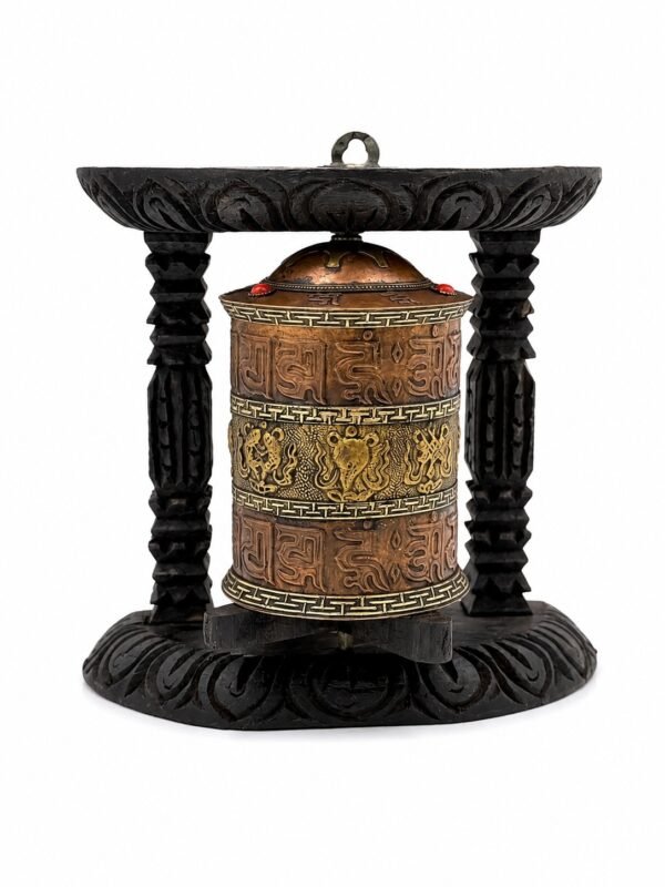 Handcrafted Tabletop & Wall-Mount Tibetan Prayer Wheel in Carved Wooden Frame (Ashtamangala Motifs)