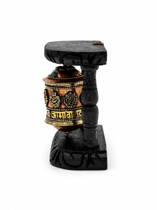 Handcrafted Tabletop & Wall-Mount Tibetan Prayer Wheel in Carved Wooden Frame (Ashtamangala Motifs)