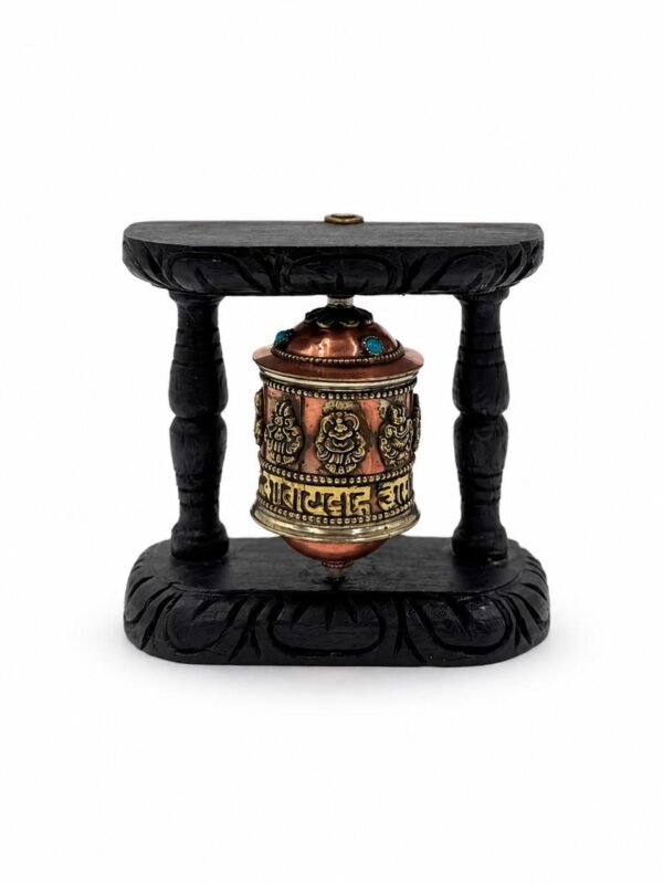 Handcrafted Tabletop & Wall-Mount Tibetan Prayer Wheel in Carved Wooden Frame (Ashtamangala Motifs)