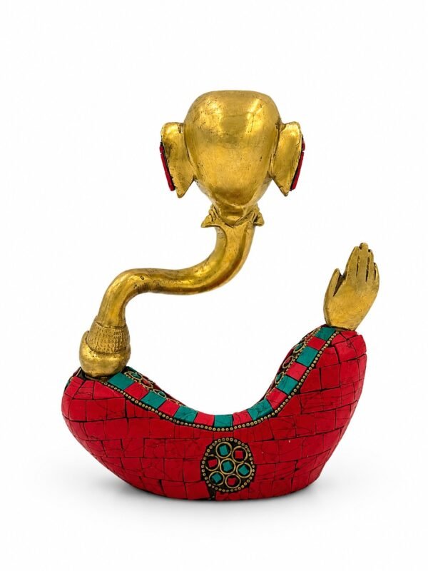 Handcrafted Brass Lord Ganesha Idol with Turquoise & Coral Stone Inlay