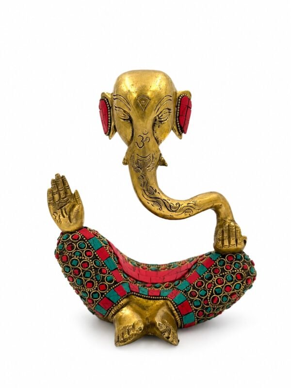 Handcrafted Brass Lord Ganesha Idol with Turquoise & Coral Stone Inlay