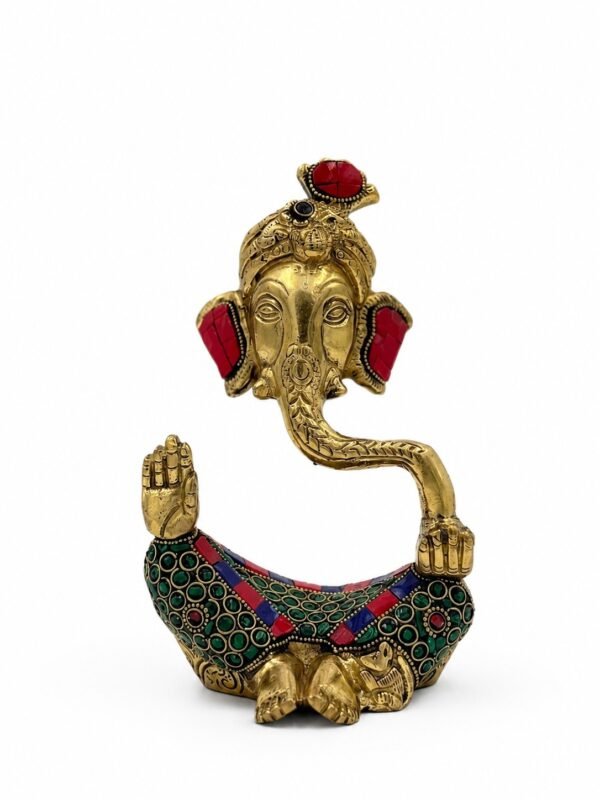 Handcrafted Brass Lord Ganesha Idol with Turquoise & Coral Stone Inlay