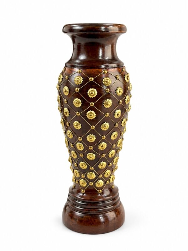 Royal Heritage Wooden Floor Vase with Brass Floral Embellishments